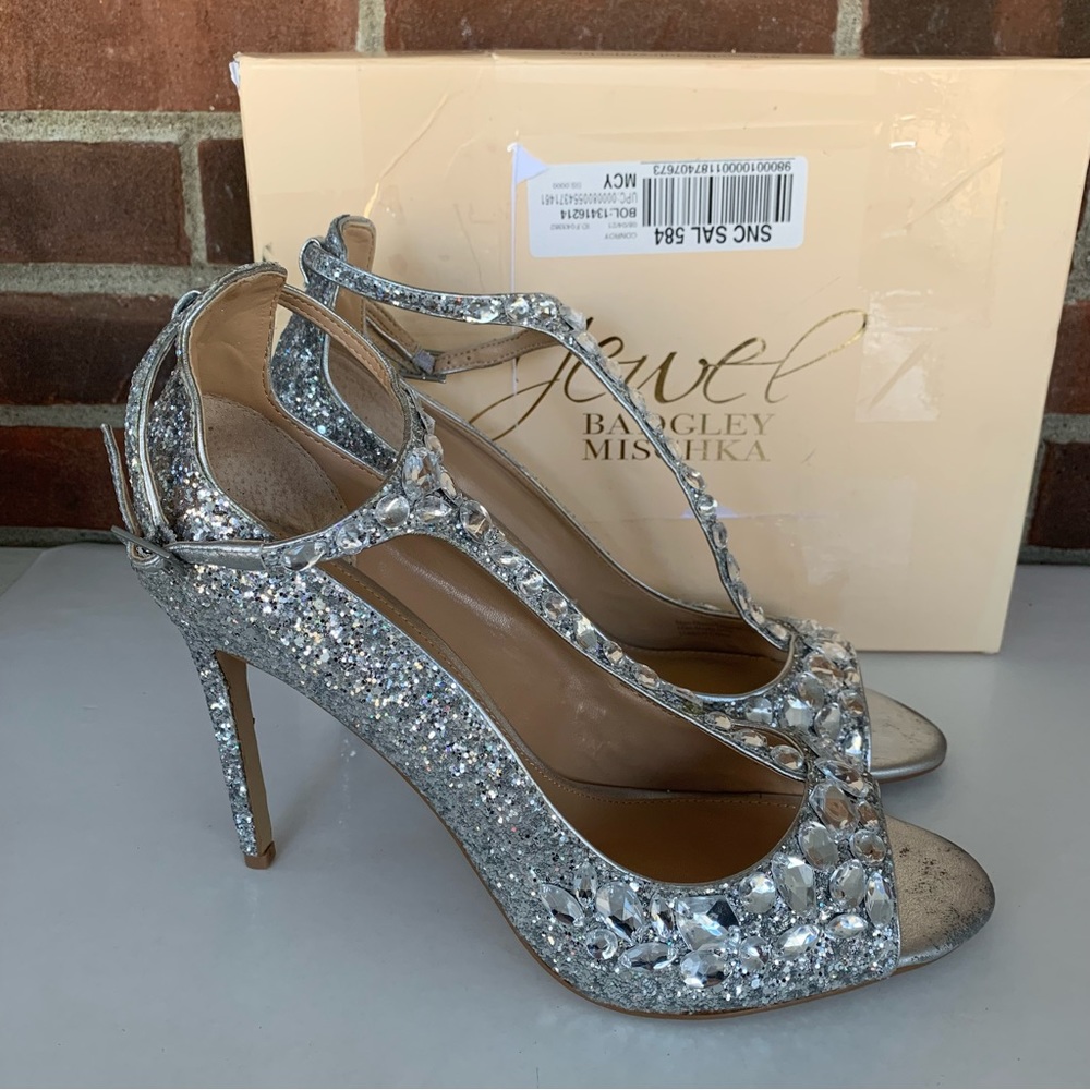 Badgley Mischka Silver Jeweled T-Strap High Heel Sandals